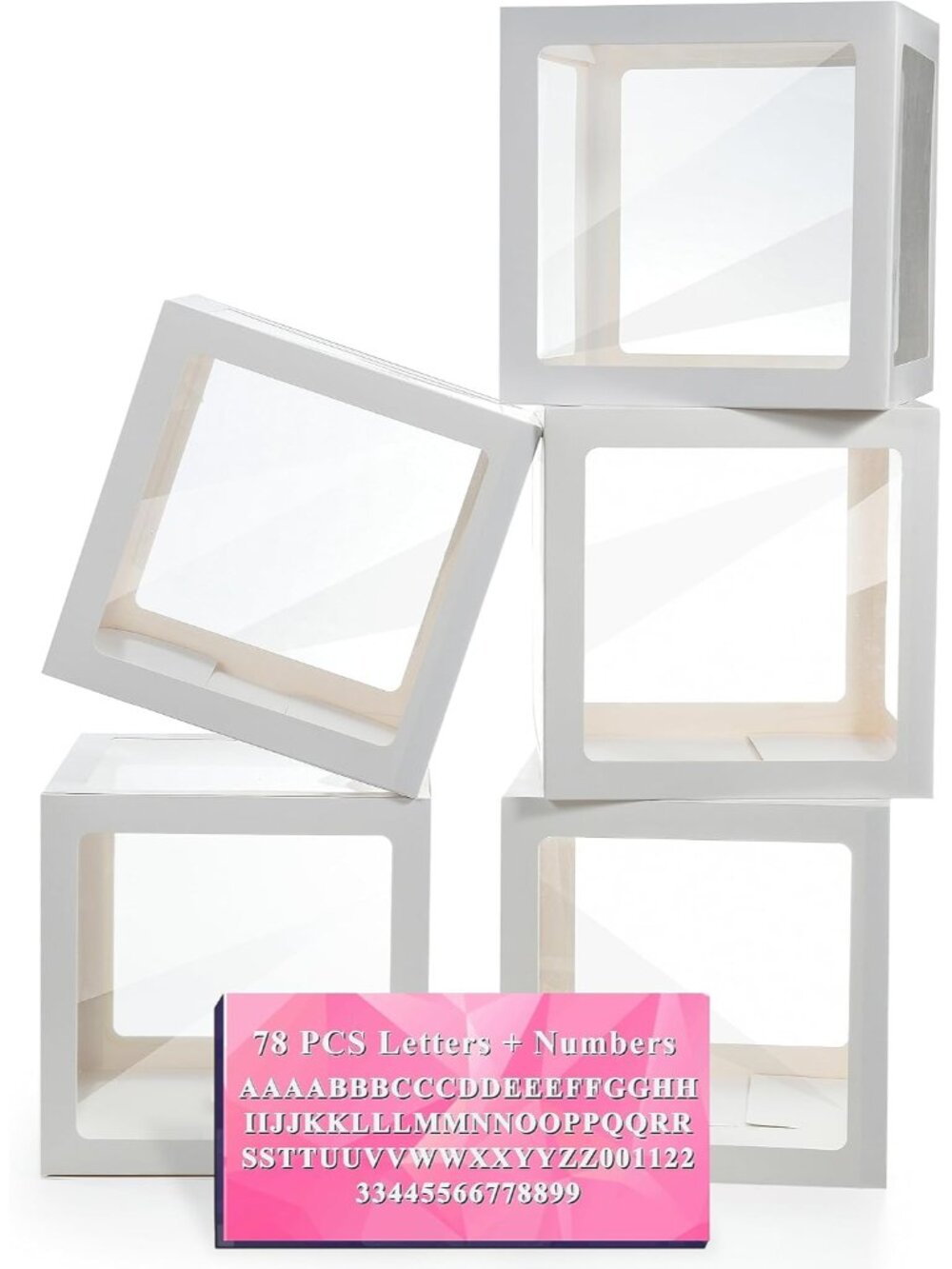 Baby Boxes with Letters, 5 Transparent Baby Shower Balloon Boxes with 78 Letters